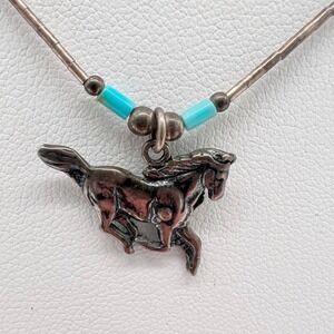 G & S Originals ©1996 Sterling Running Horse Necklace w/ Turquoise Beads 16" 925